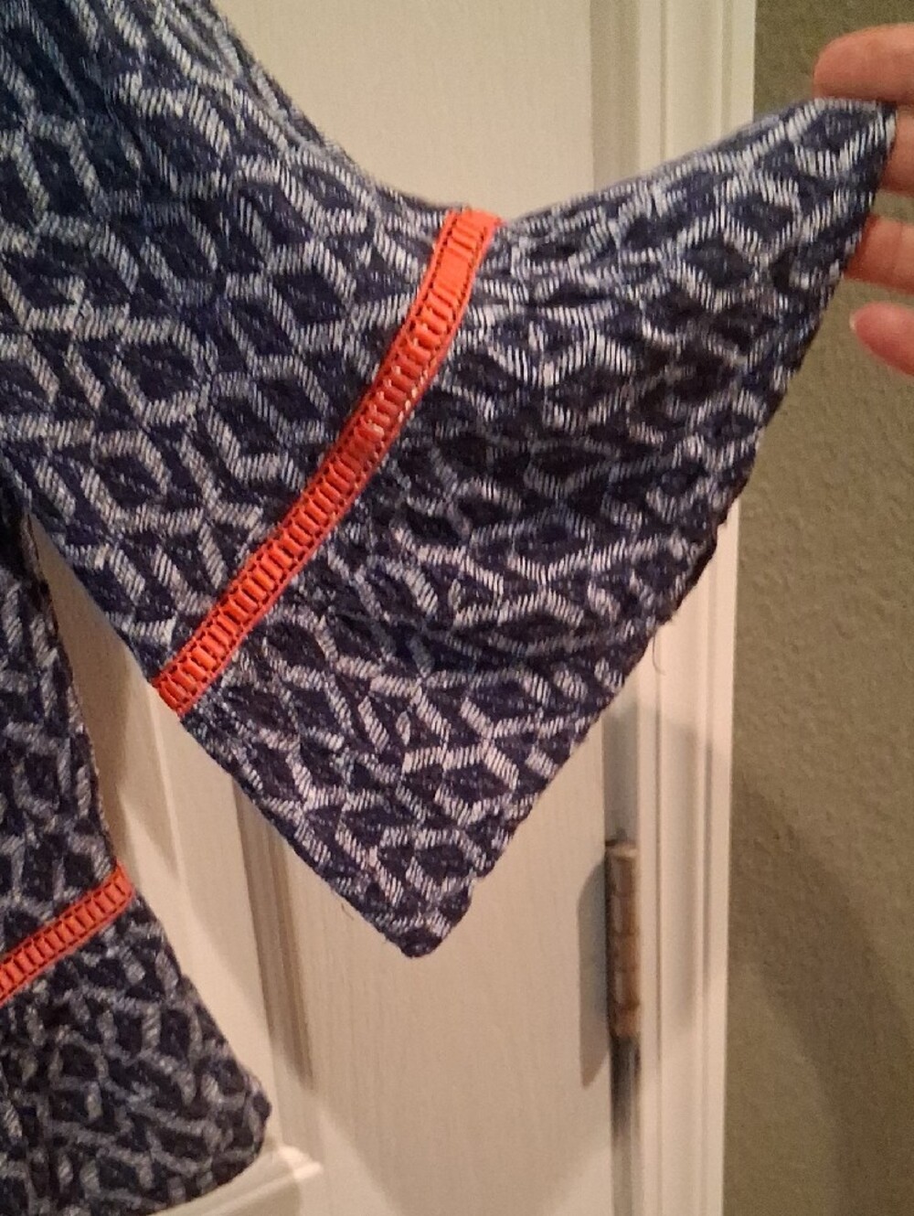 Democracy Blue Patterned Blouse with Orange Trim - Picture 7 of 9